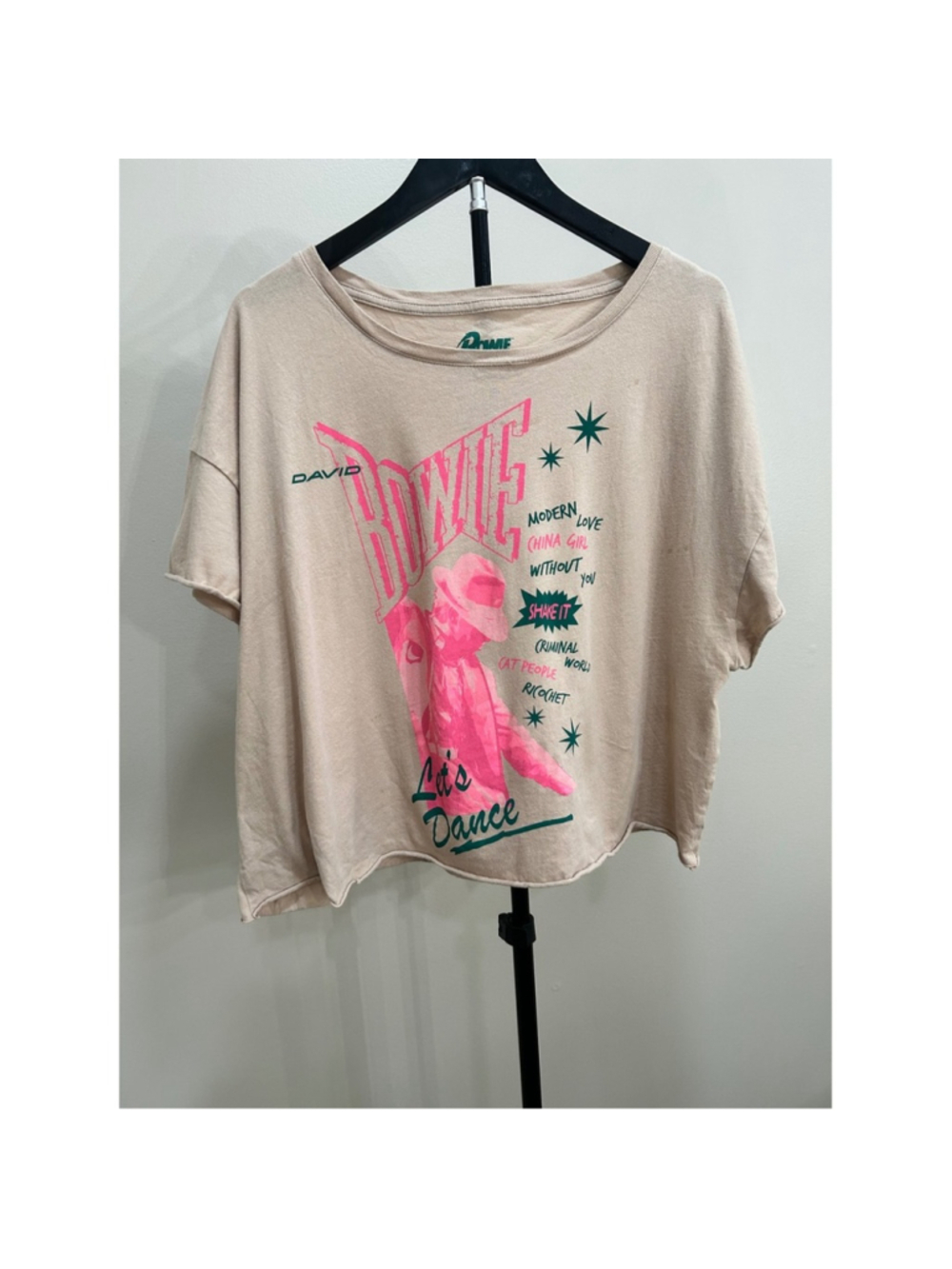 David Bowie Lets Dance Graphic Tee Tan Pink Green Cropped Raw Hem T-Shirt